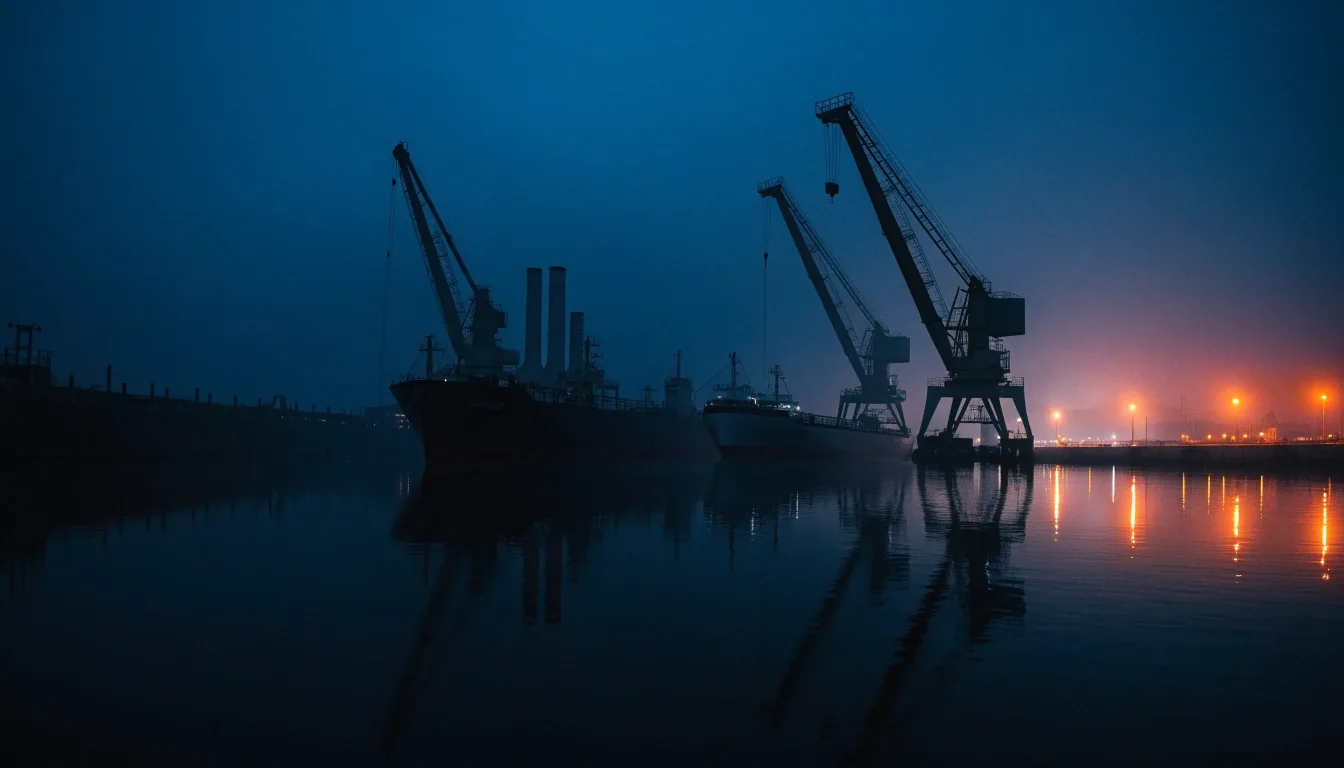 Port przeładunkowy ropy nocą widziany od strony wody