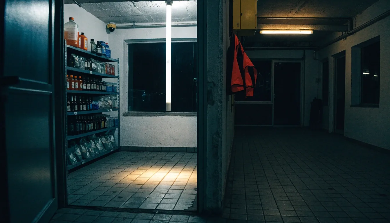 Wnętrze zaplecza stacji paliw nocą z widocznym oświetlonym podjazdem