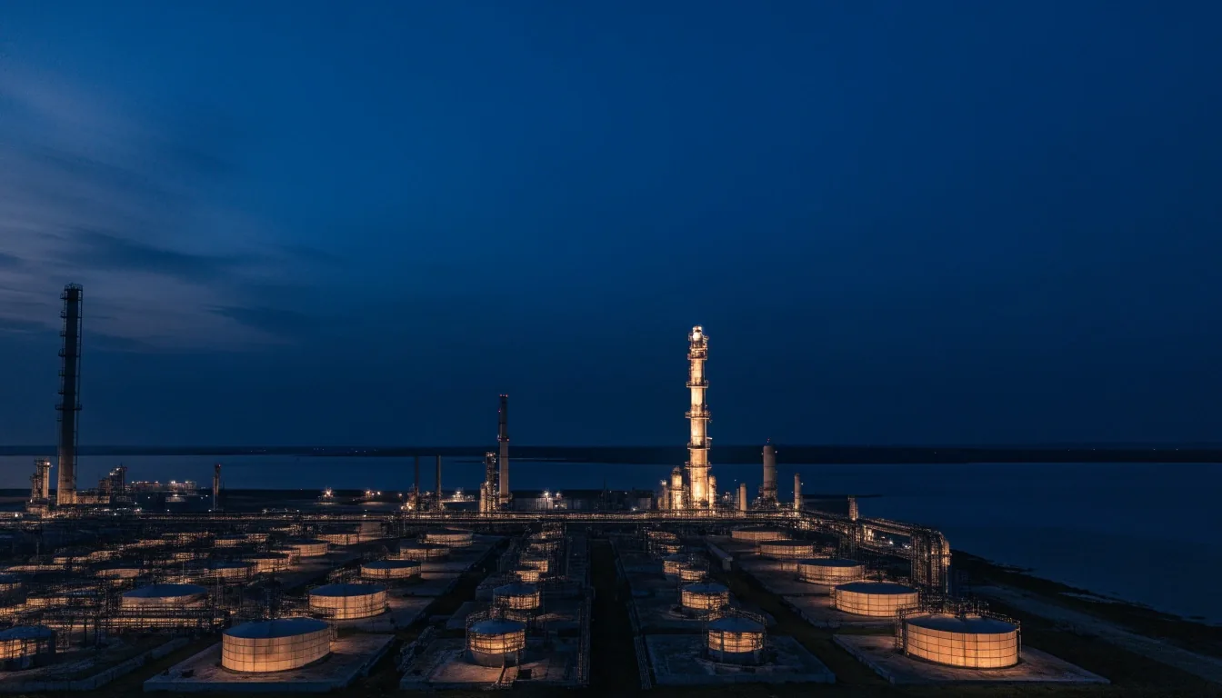 Terminal paliwowy i instalacje rafineryjne nocą — scena otwierająca test wiedzy