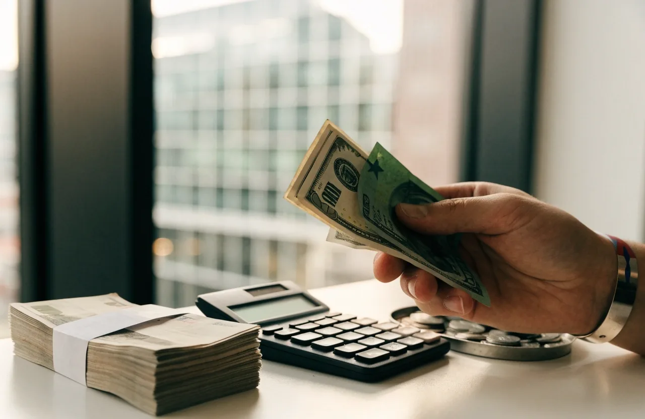 Wymiana walut w kantorze w Warszawie — banknoty dolarowe i złotowe na blacie