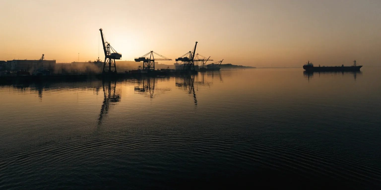 Port o wschodzie słońca — dźwigi i statek na spokojnej wodzie